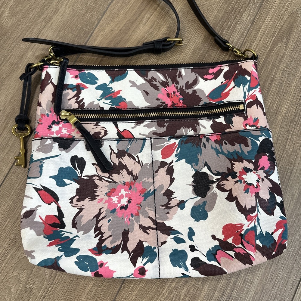 Fossil Fiona Large Crossbody Bag Floral Multicolor Purse 12x10.5 EUC Key Charm